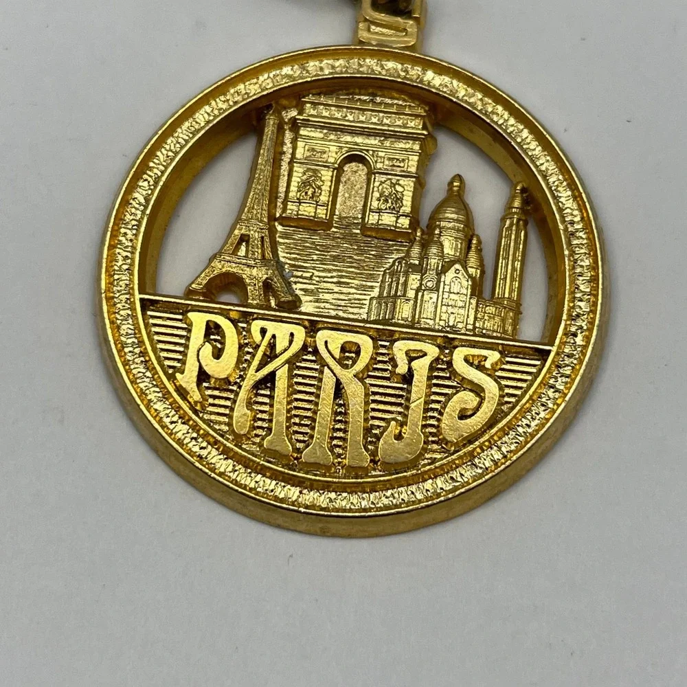 VTG SAP Polyne Paris  Souvenir Keychain Gold Tone Eiffel Tower‎ Sacré-Cœur 1992